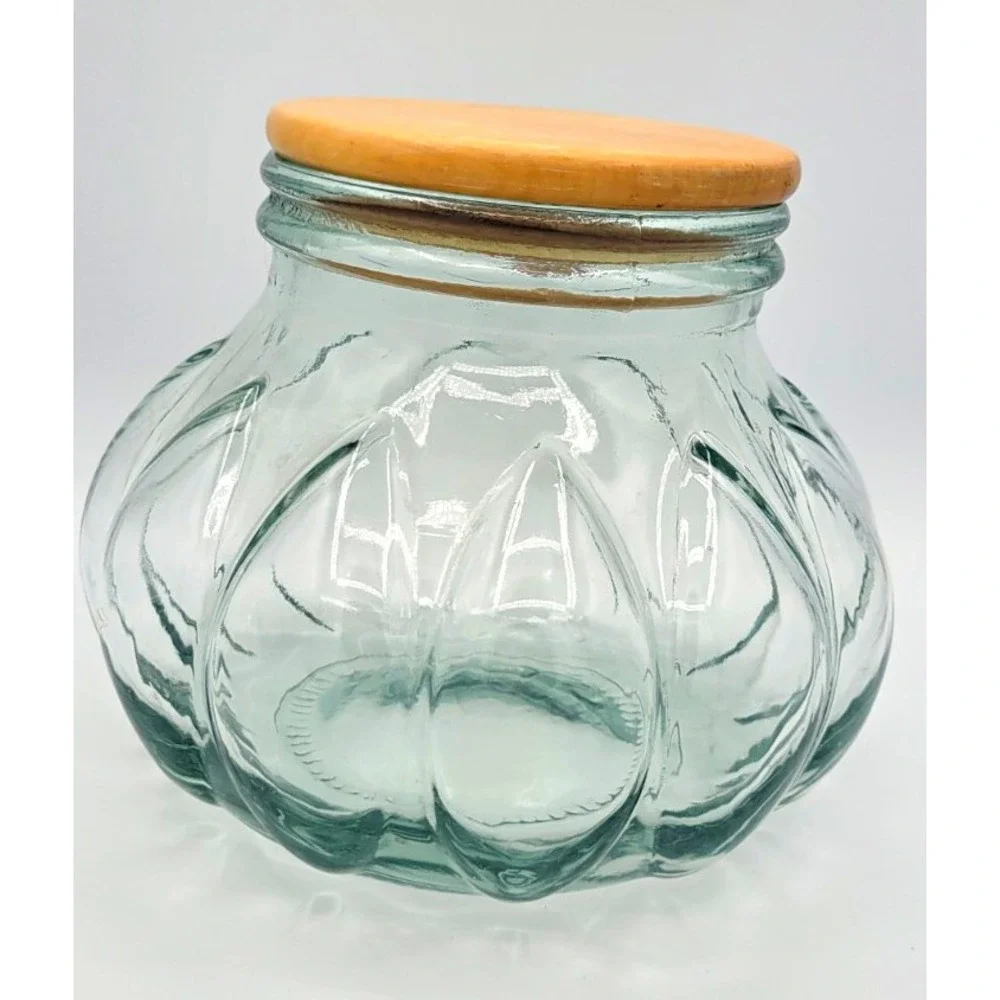 Clear Glass Jar Canister Bubble Glass w/ Wood Snap Lid, Round